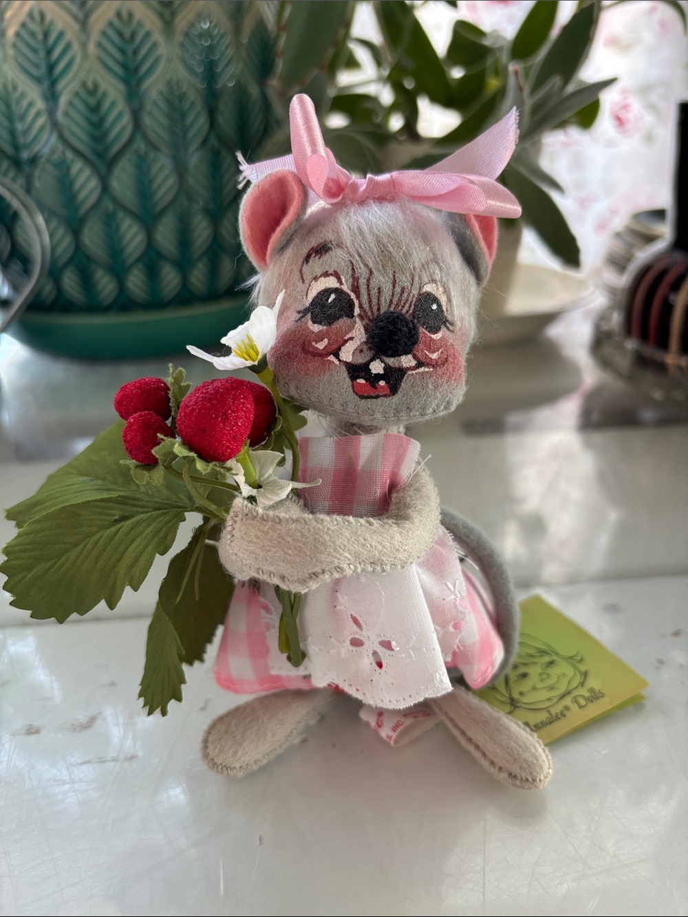 Vintage Annalee Pink Gingham Mouse Doll Holding Berries